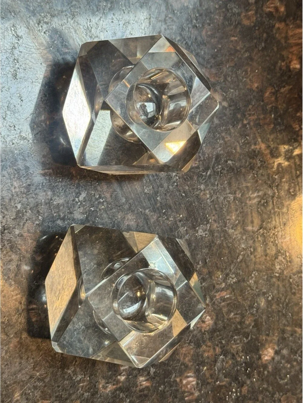 Vintage MCM Cut Crystal Taper Candle Holders Pair – 6‑Point Geometric Prism